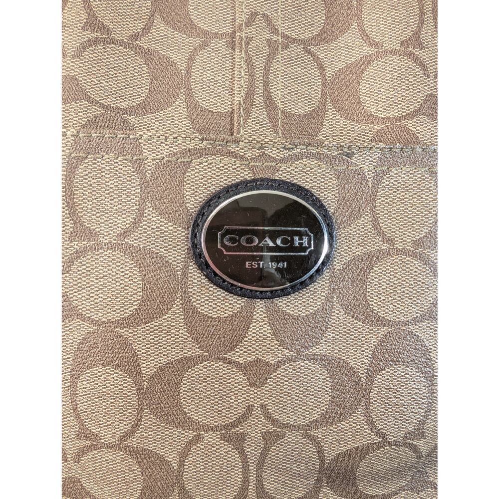 COACH! LUXE BROWN GENUINE LEATHER & TAN MONOGRAM PEYTON HANDBAG, PURSE, BAG! - Picture 4 of 14
